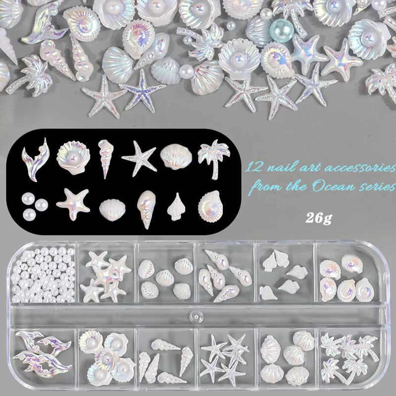 Lot de 12 boîtes de 12 compartiments pour décoration d'ongles : étoiles de mer, coquillages, perles