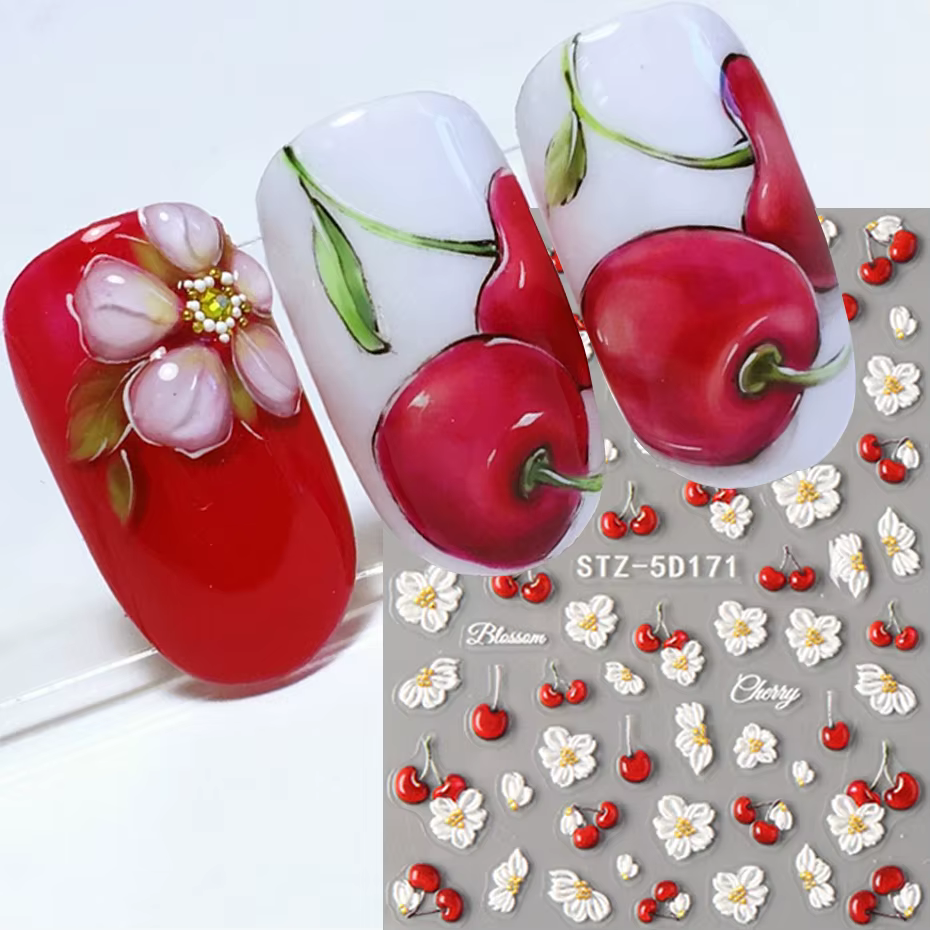 Autocollants pour ongles en relief 5D élégants à motif de cerises, fleurs blanches de printemps, aut