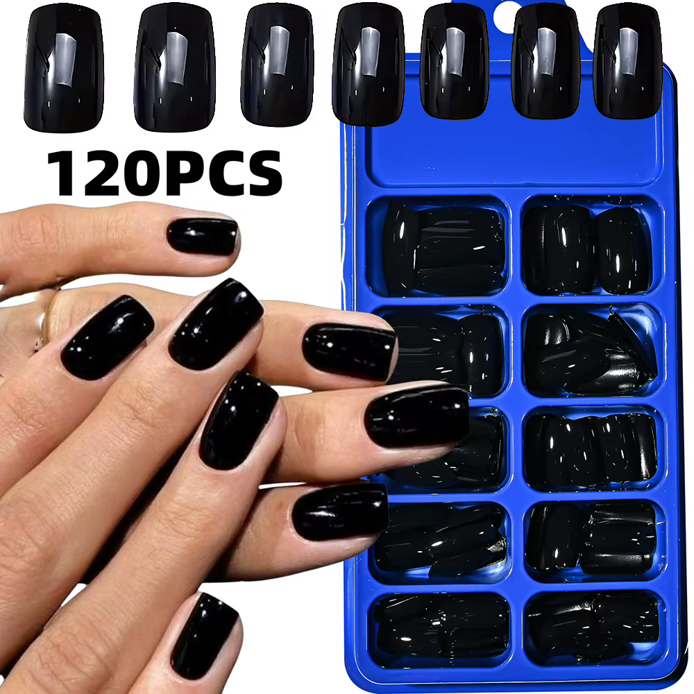 120 faux ongles noirs brillants par boîte, couleur unie, à presser, réutilisables, à couverture comp