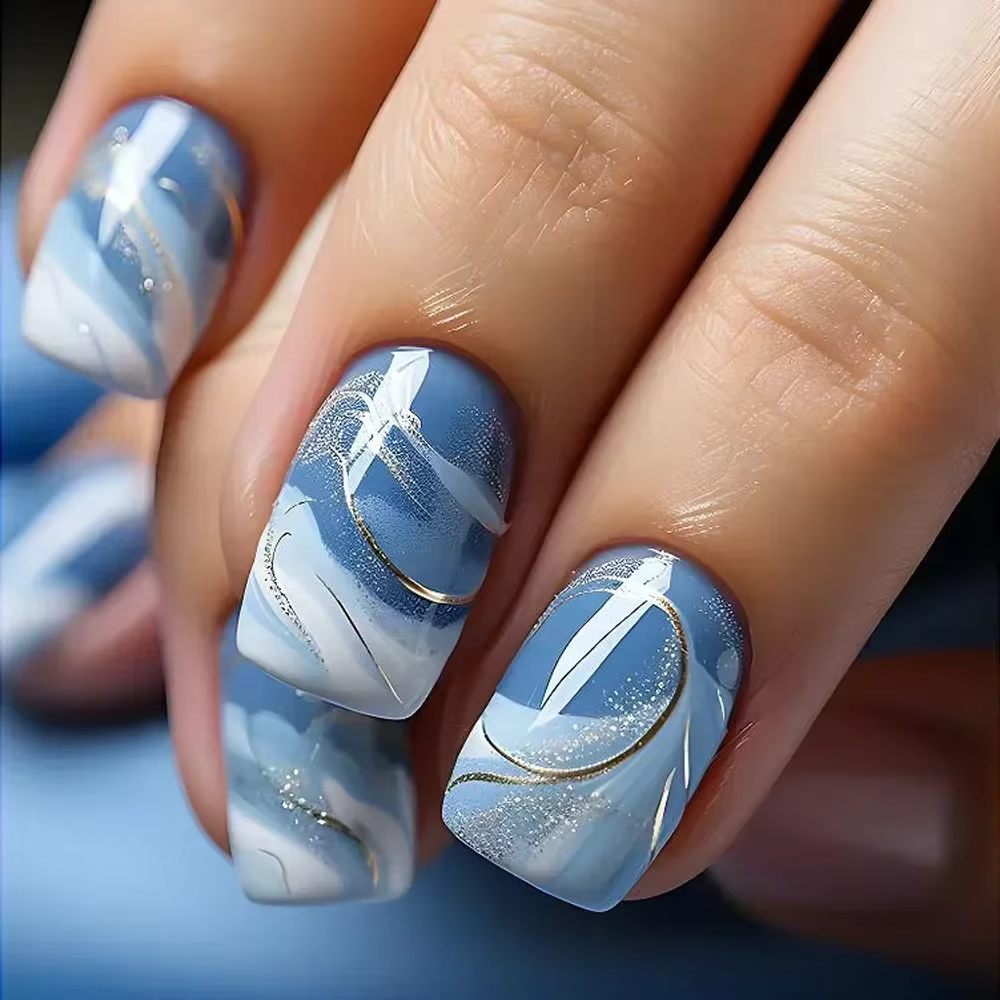 Faux ongles à pression carrée courte, fleur de Jade, poudre scintillante, avec colle, dégradé vert,