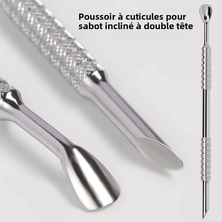 Poussoir à cuticules à sabot coudé à Double tête, bâton de manucure biseauté en acier inoxydable pou
