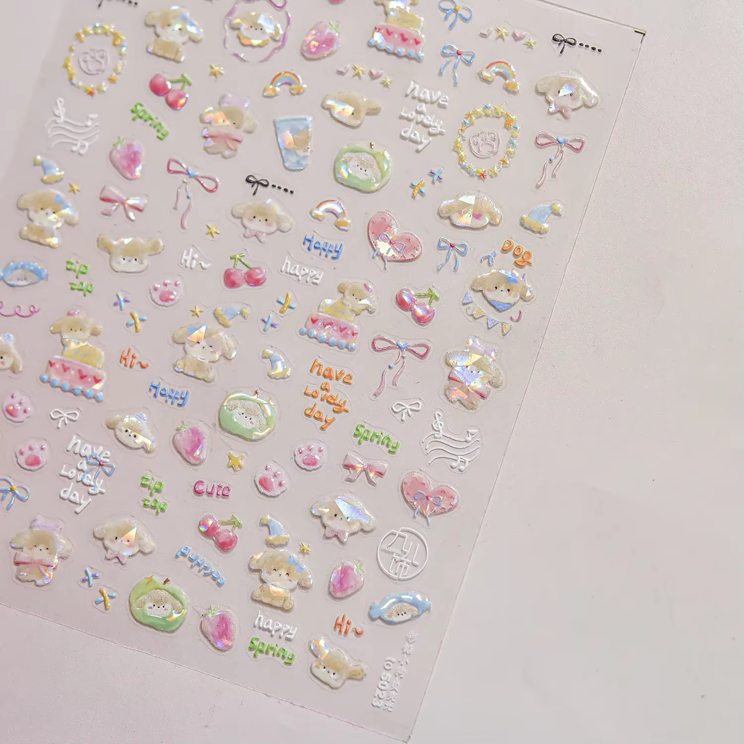 Ballon coloré mignon chiot fleur cerise nœud papillon amour heureux chien Animal auto-adhésif Nail A