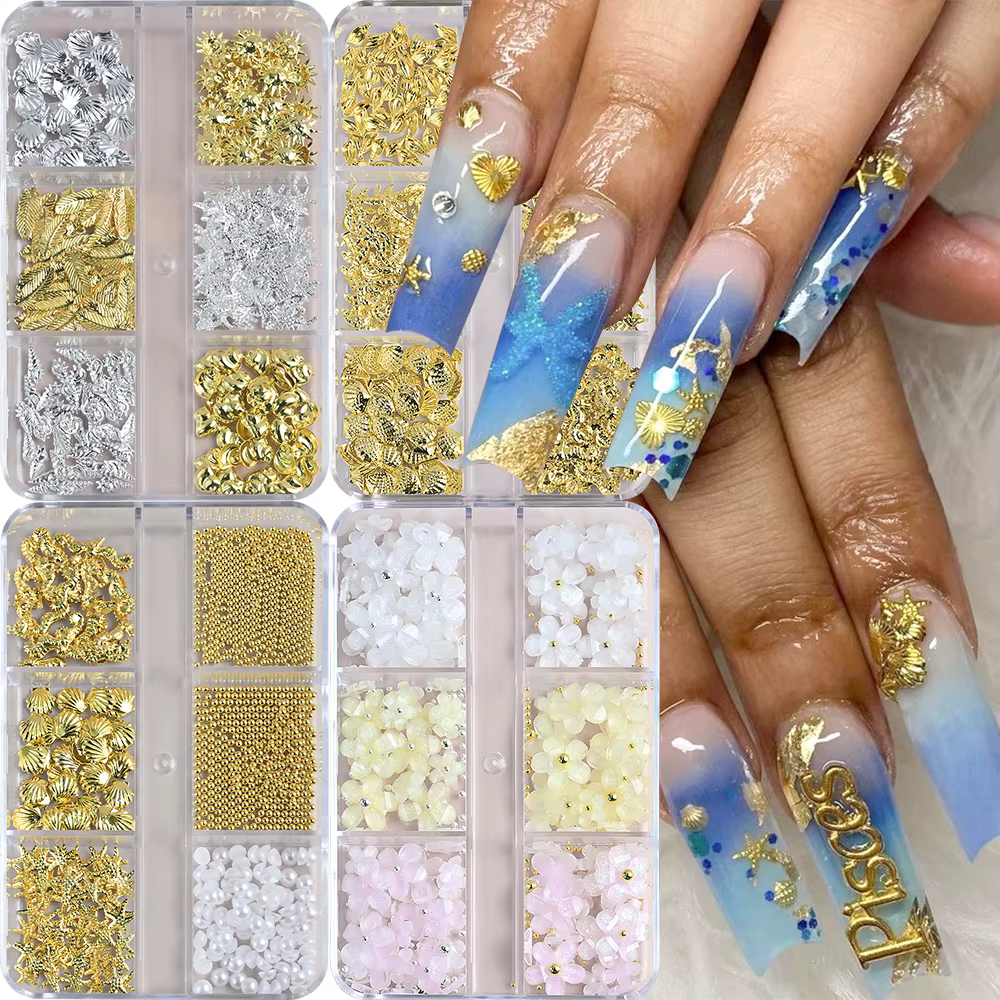 Breloques en métal pour Nail Art, 6 grilles, océan d'été, coquille 3D, étoile de mer, hippocampe, pe