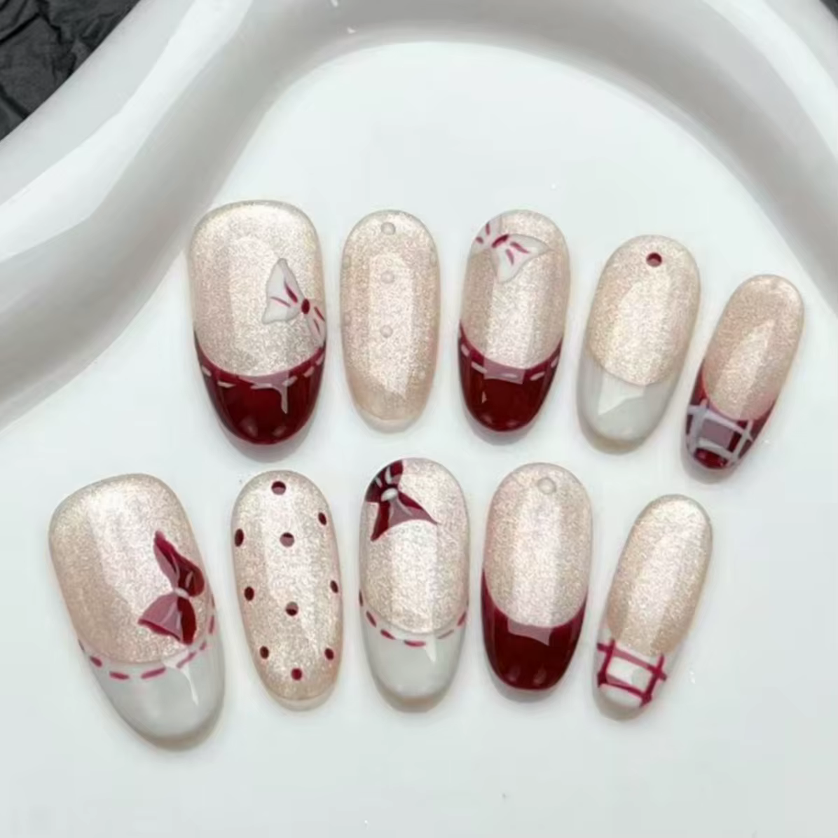 10 pièces violet oeil de chat fait à la main faux ongles conseils paillettes mi-longue ovale presse 
