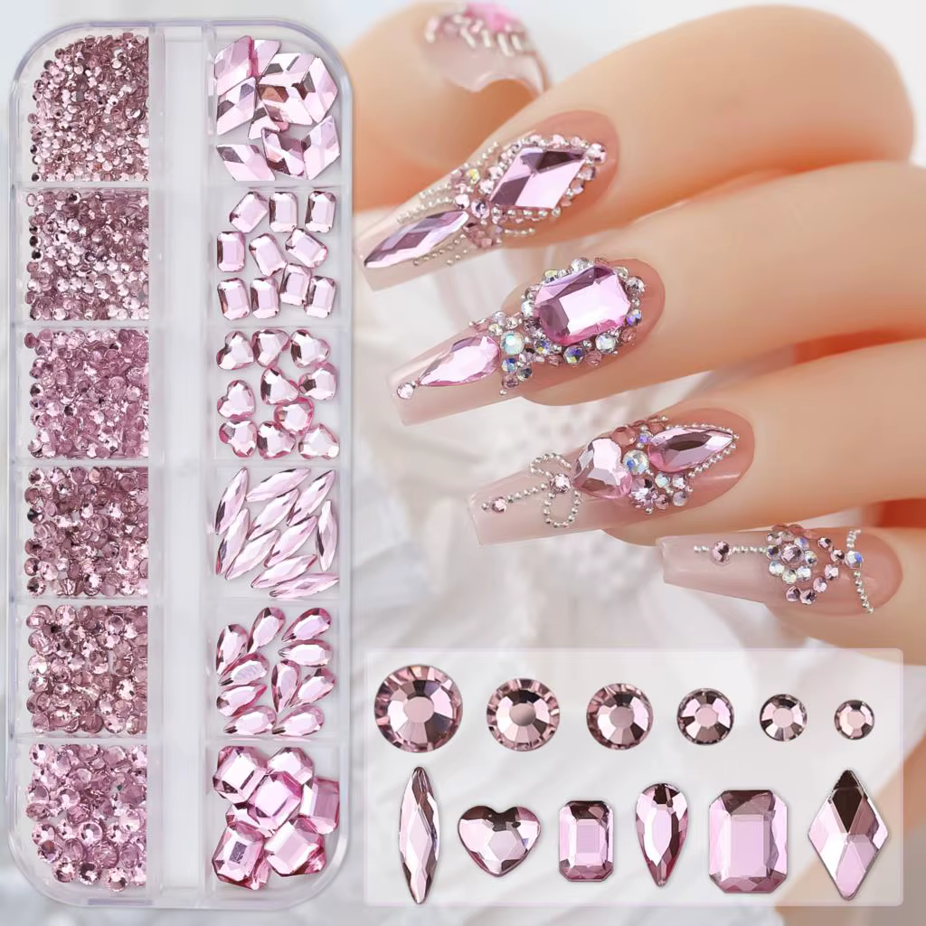 12 grilles rose mixte ongles strass luxe ongles breloques paillettes cristal bijoux gemmes Nail Art 