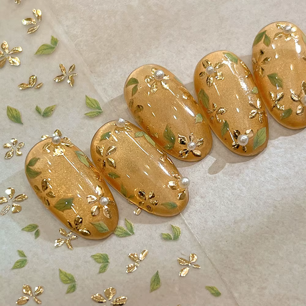 Autocollant pour ongles en feuille d'or, fleur à cinq pétales, fleurs de printemps bronzantes, suppo
