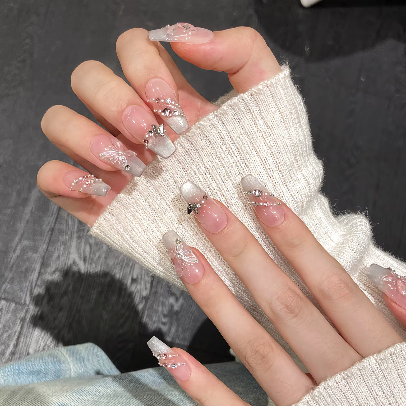 10 faux ongles réutilisables avec motif papillon, œil de chat rose, style français, faits à la main,