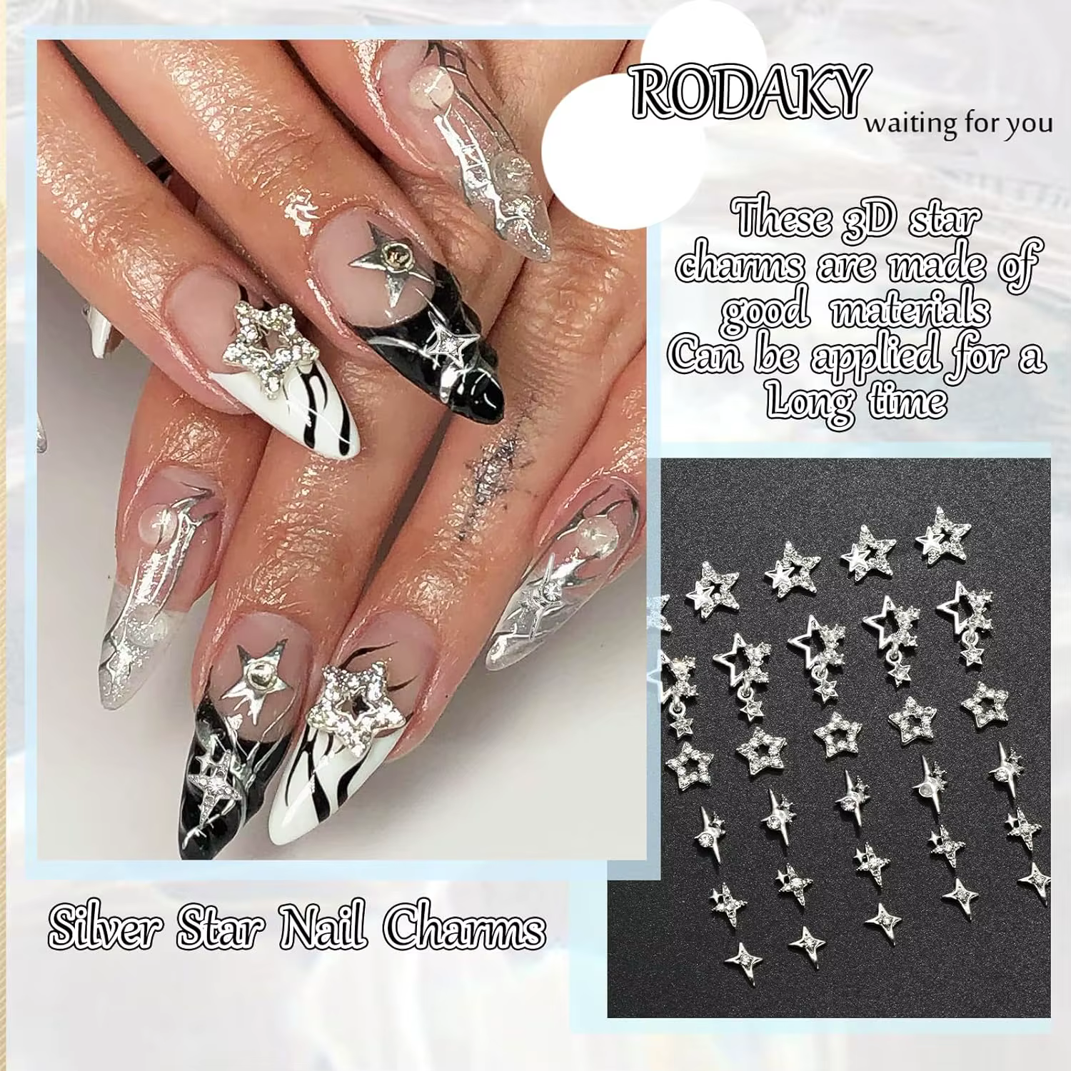 Breloques pour ongles en forme d'étoile argentée, 30 pièces, étoiles 3D brillantes, gemmes pour ongl