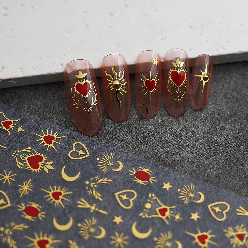 1 pièce Autocollants 3D pour ongles, Cœur d'amour doré bronzant, Y2K, Étoiles holographiques, Soleil
