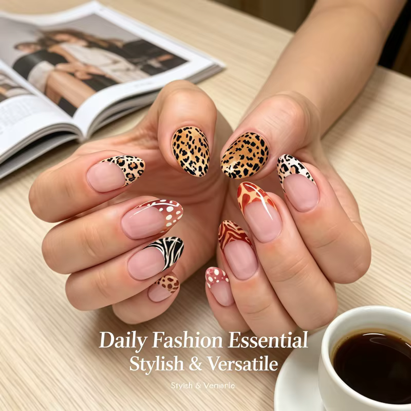 Nouveauté 2026 – 24 faux ongles à presser, motifs animaux variés (léopard, vache), nude, French manu