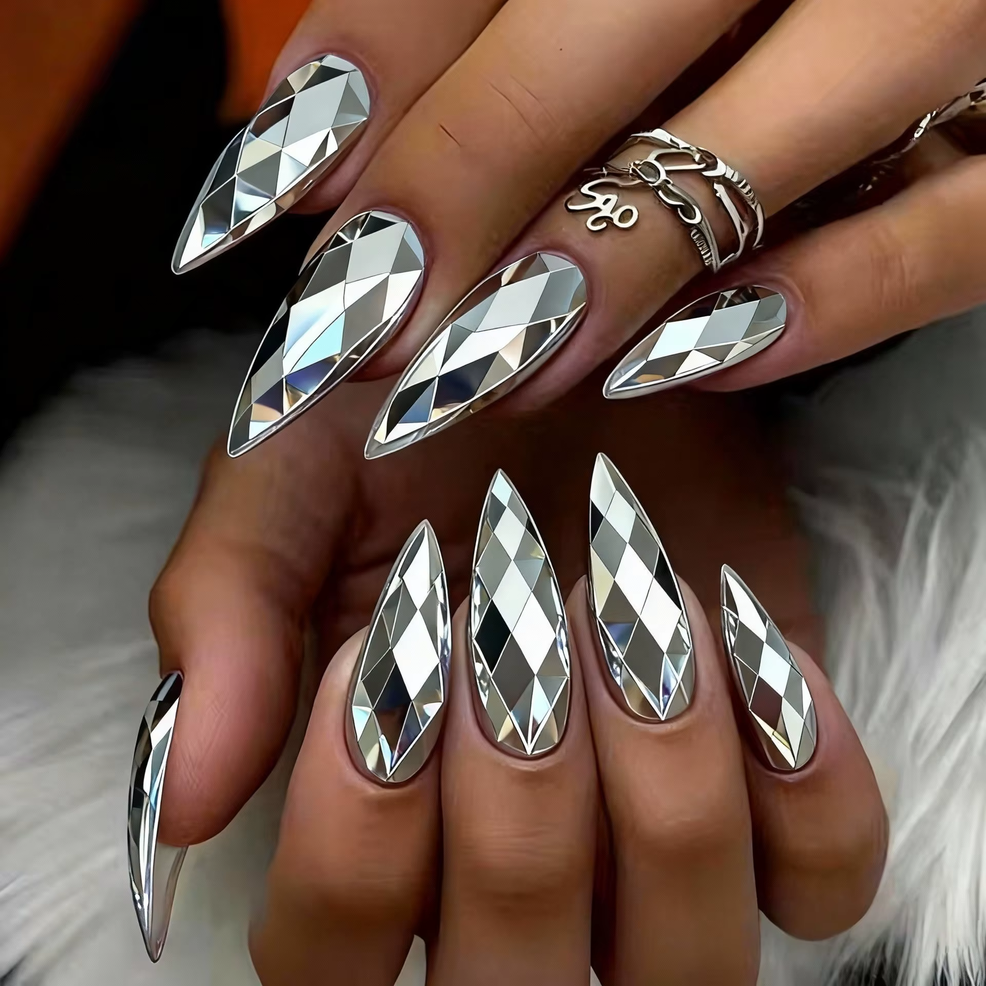 Faux ongles 3D holographiques plaqués, losange métallique brillant, rose, doré, jaune, argent, champ