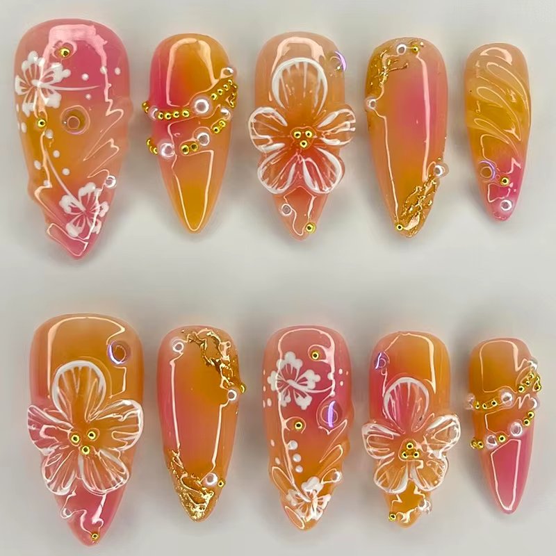 24 pièces fleur blanche faux ongles conseils Ins jaune rose Blush faux ongles portable couverture co