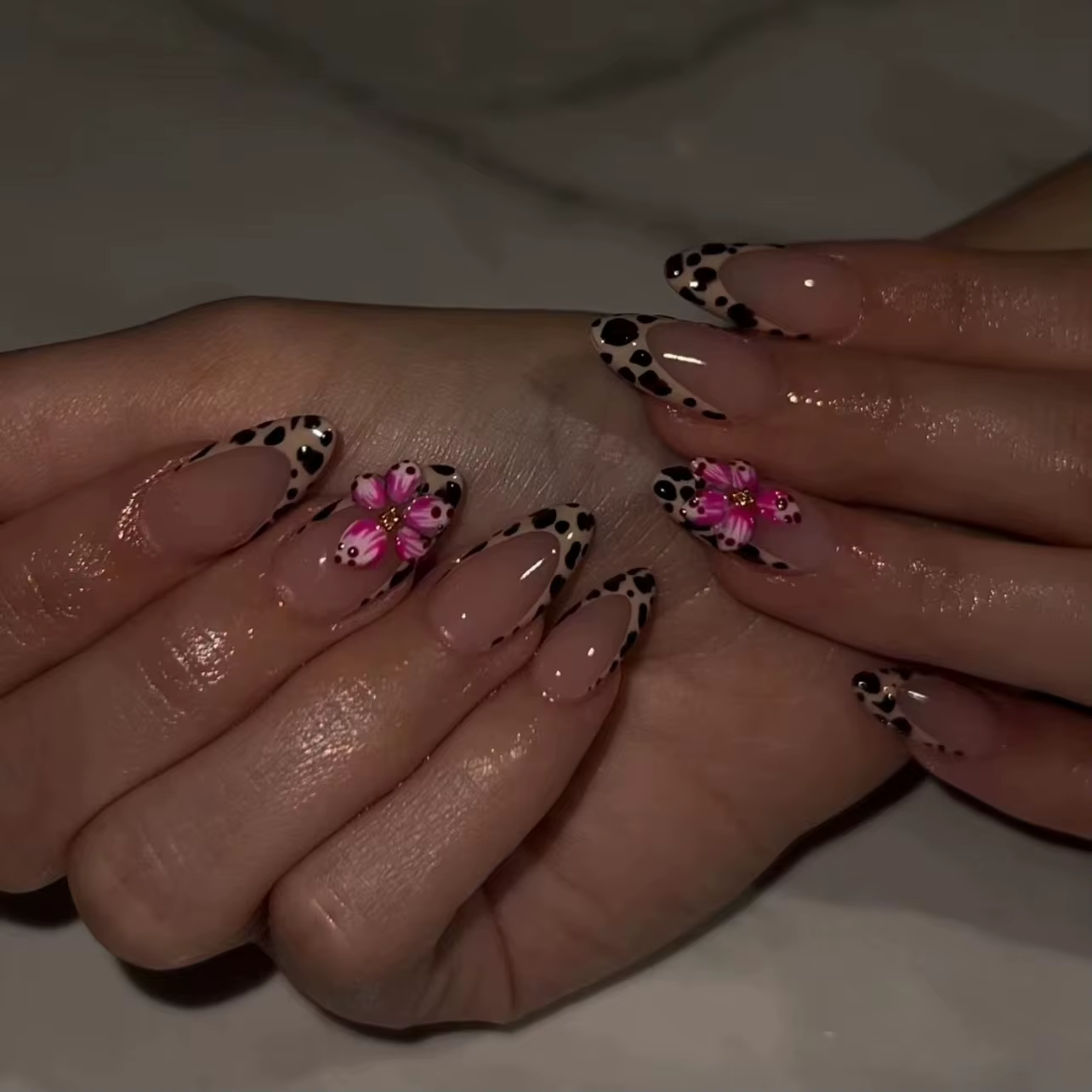 24 pièces marron français imprimé léopard presse sur ongles stéréo rose fleur conçoit automne faux o