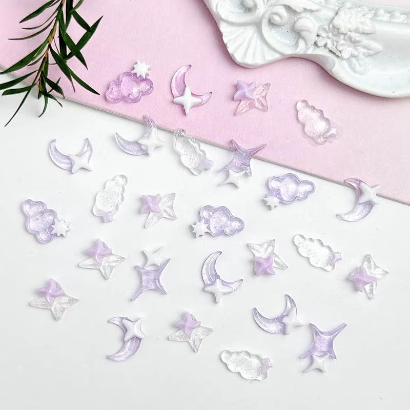 Breloques en résine transparente pour Nail Art, lune, nuage, blanc, violet, étoile à quatre branches