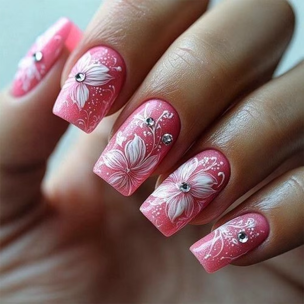 24 faux ongles à presser, couleur violet foncé luxueux, motif floral, forme carrée, style européen, 