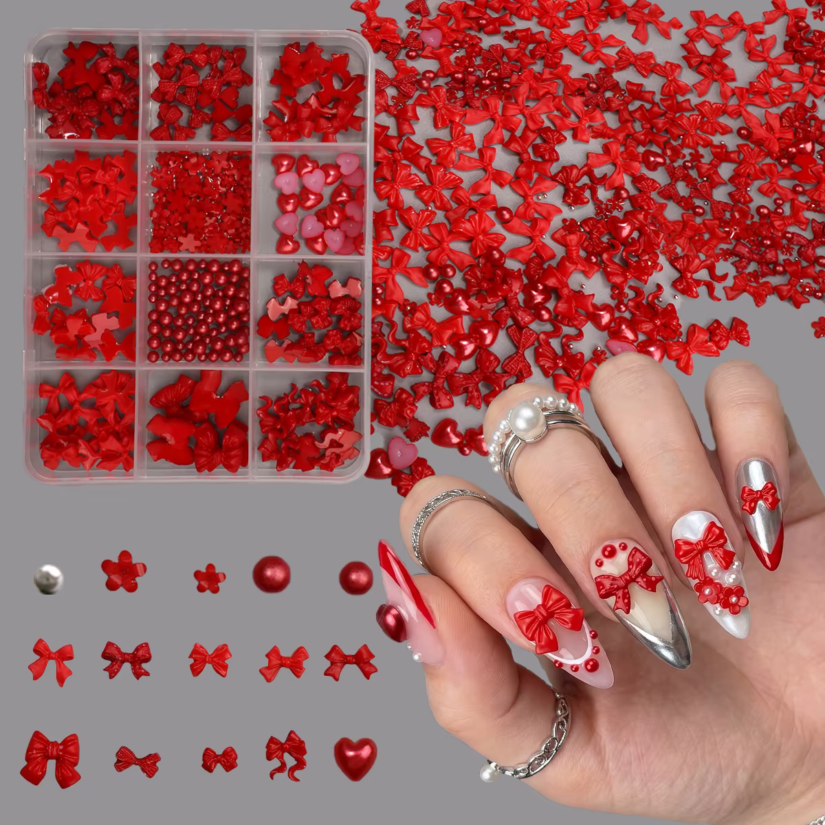 Breloques nœuds pour nail art, kit de perles plates mélangées, nœuds en résine noirs, blancs et rose