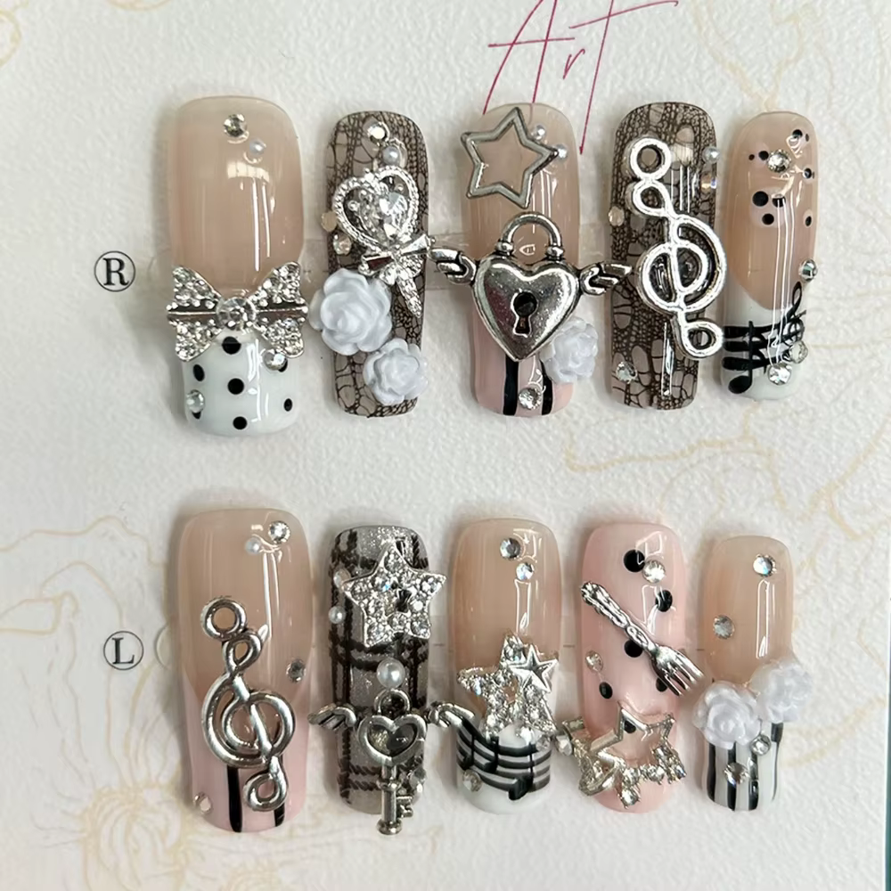 Faux ongles à presser faits main, rose mignon, motif note de musique rétro, style coréen à pois, Fre
