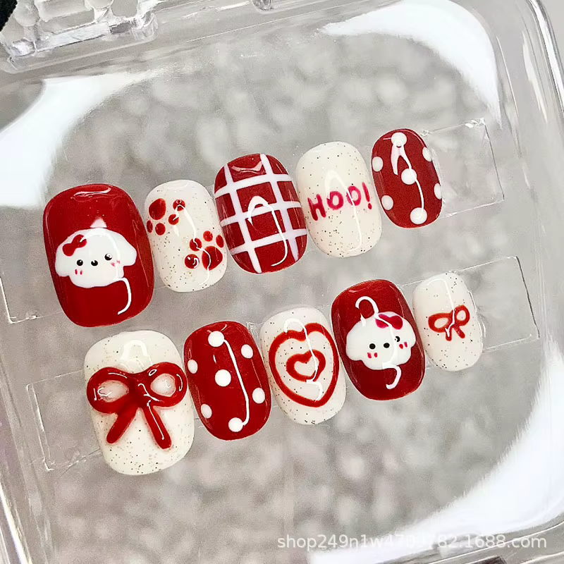 30 faux ongles mignons au design de dessin animé, idéaux pour l'automne/hiver, courts, en forme de h