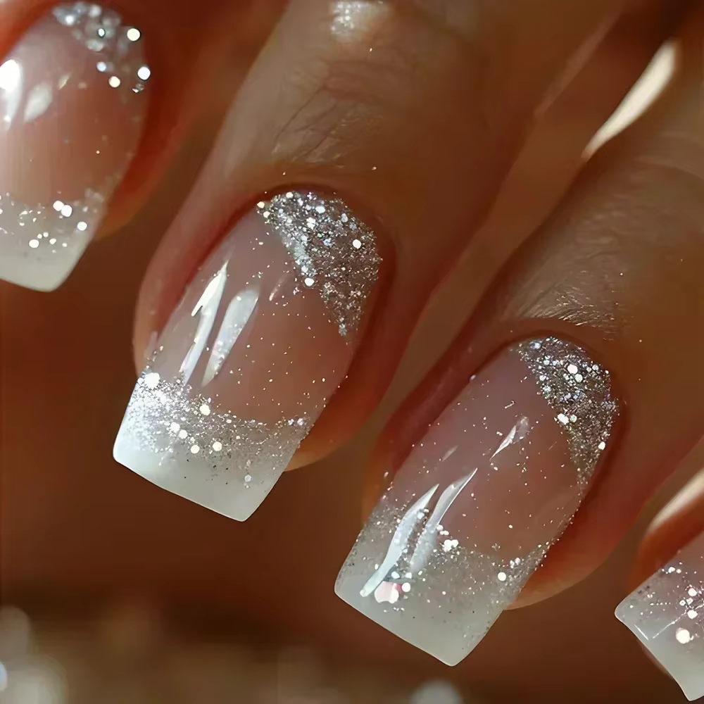Faux ongles carrés courts en forme de cercueil, 24 pièces, avec colle, paillettes françaises, ensemb