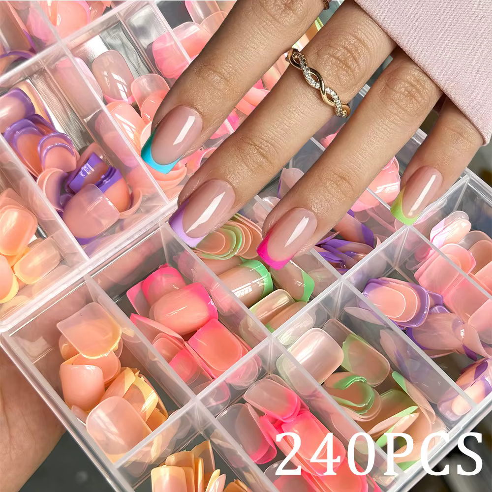 1 boîte couleur bonbon français court carré faux ongles rose/vert/violet couverture complète Macaron
