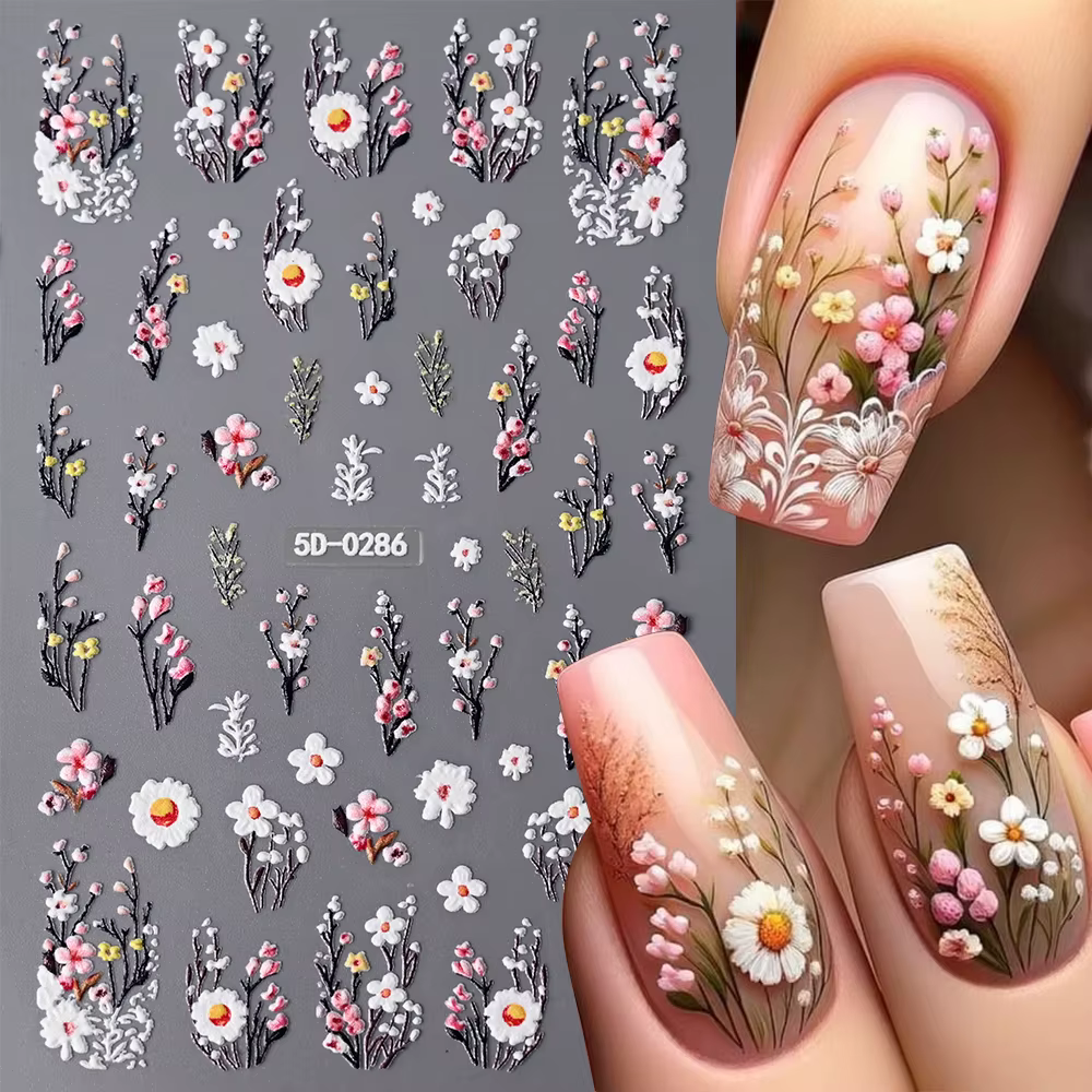 Autocollants 5D pour ongles, motifs floraux roses et bleus, pétales, feuilles, plantes en relief, dé