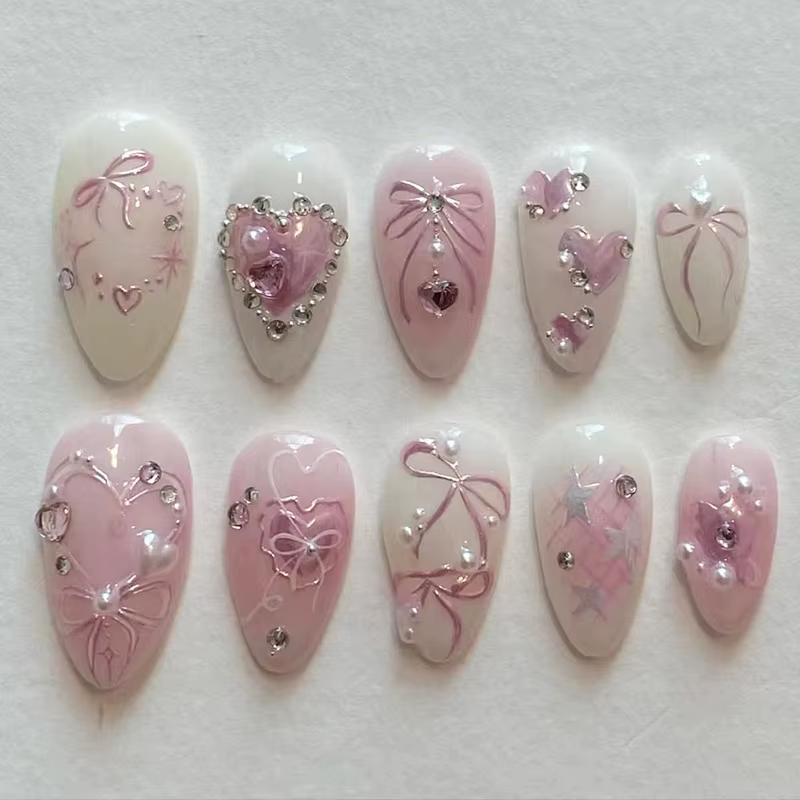 Patchs pour faux ongles, 24 pièces, pointes détachables avec nœuds papillon, amour, cœur, perle, Des