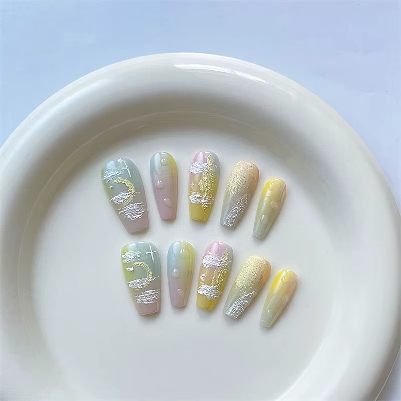 Faux Ongles Adhésifs et Réutilisables pour Femme, Peinture à l'Huile, Fait à la Main, N64