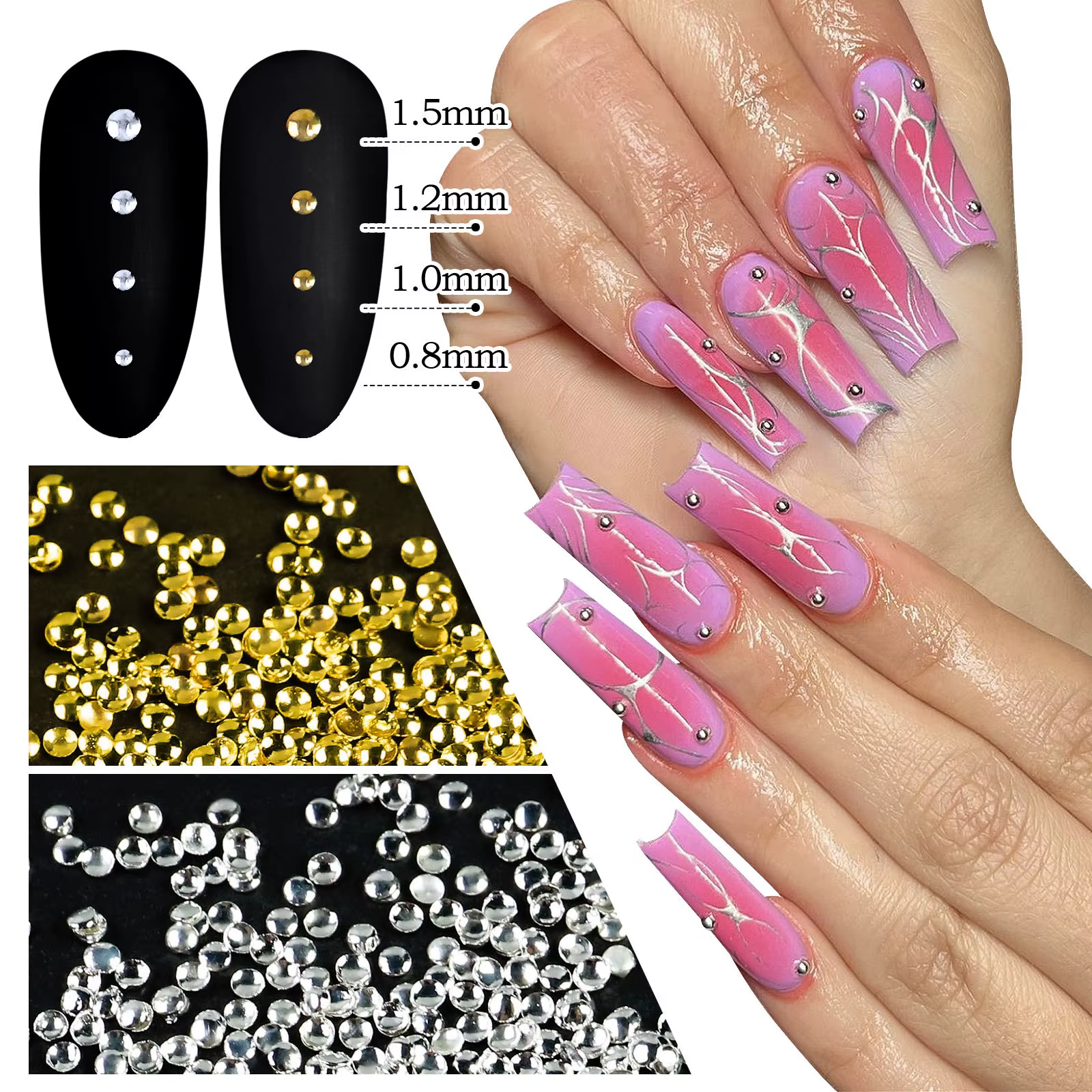 500 pièces or argent 0.8mm-1.5mm minuscule creux semi-sphère alliage rond Rivet Nail Art strass déco