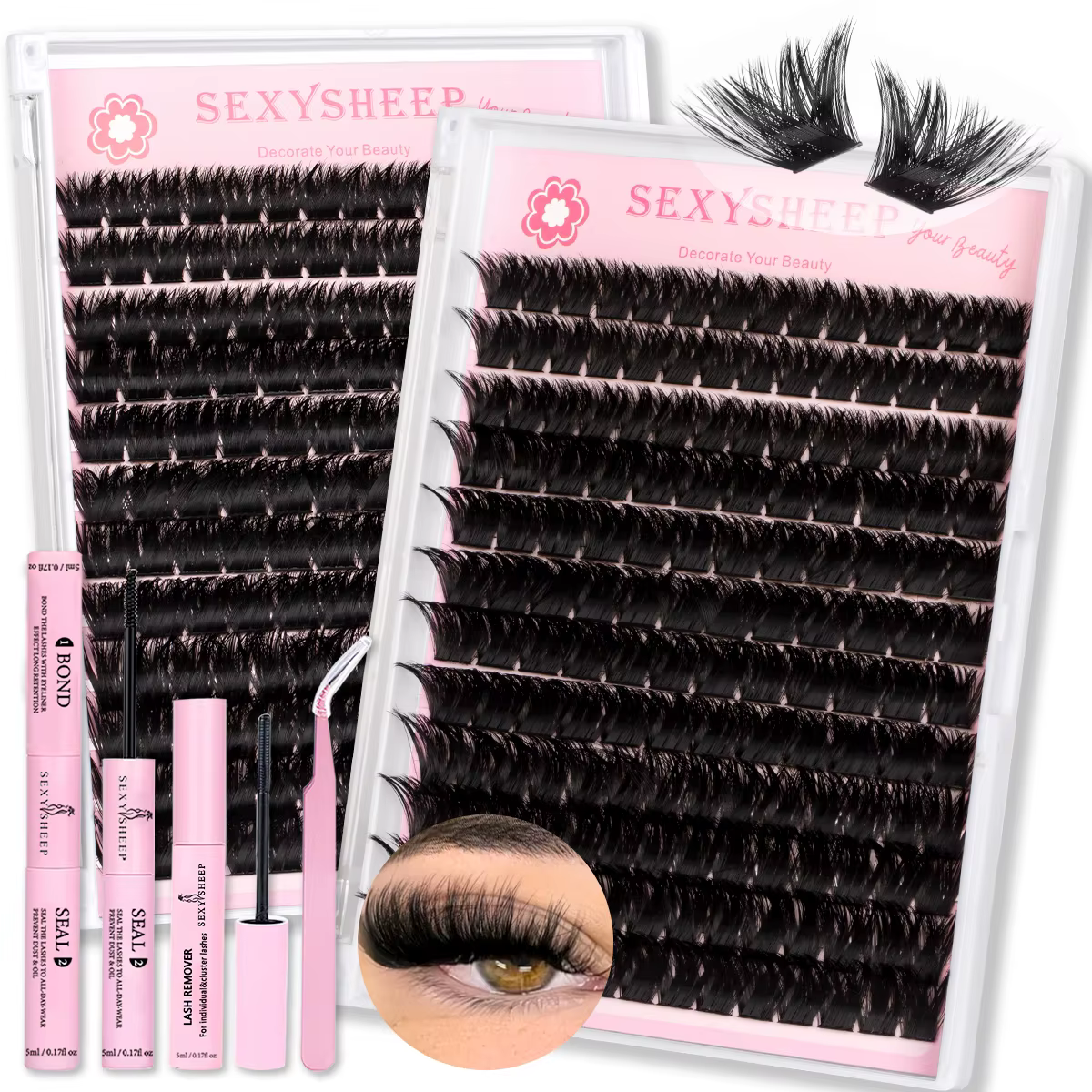 Kit de cils en grappes DIY, courbure D, styles naturels ou épais, 8-16 mm, avec colle et pince à cil