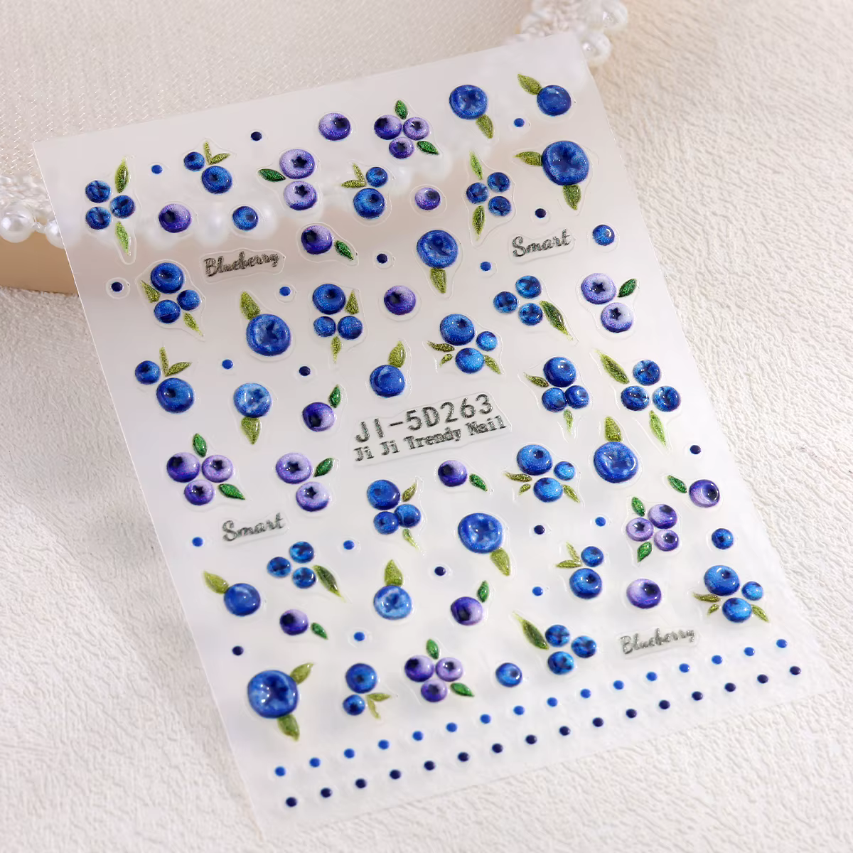 Autocollants pour ongles mignons motif myrtille dessin animé, design feuille verte en relief 5D, fou