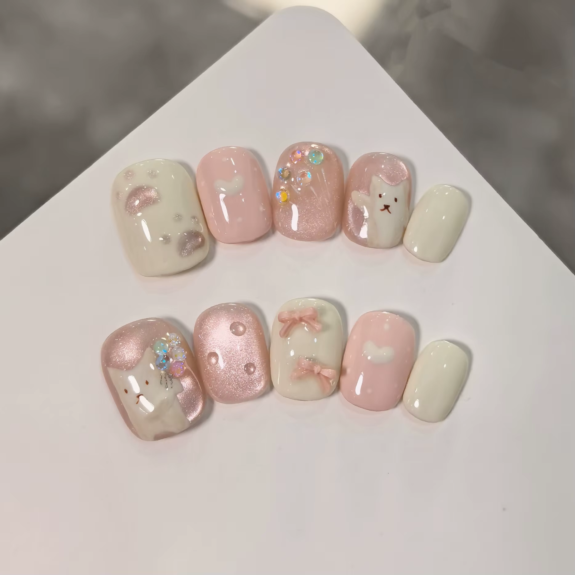Ensemble de 10 ongles à pression faits à la main, nœud papillon en forme de chat mignon, Design d'am