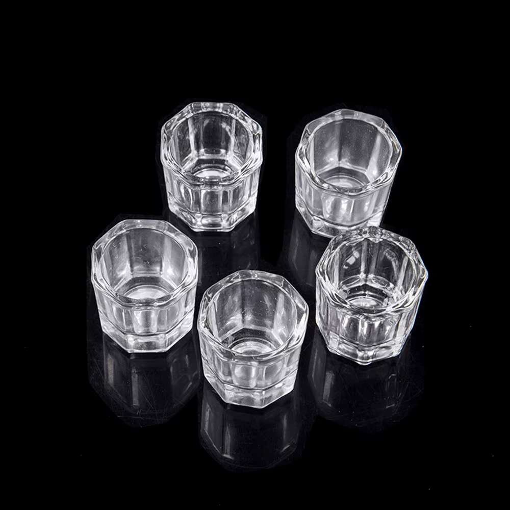 Mini verre cristal acrylique transparent, petite poudre octogonale, tasse à ongles liquide, brosse d