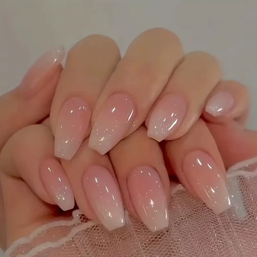 24 pièces ballerine presse sur ongles rose dégradé faux ongles brillant doigt artificiel manucure ré
