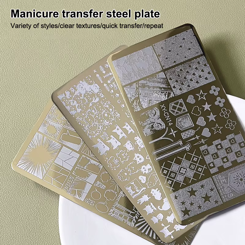 Plaques d'estampage rectangulaires dorées pour ongles, 12x6cm, nœud papillon, fleur, chat, modèles d