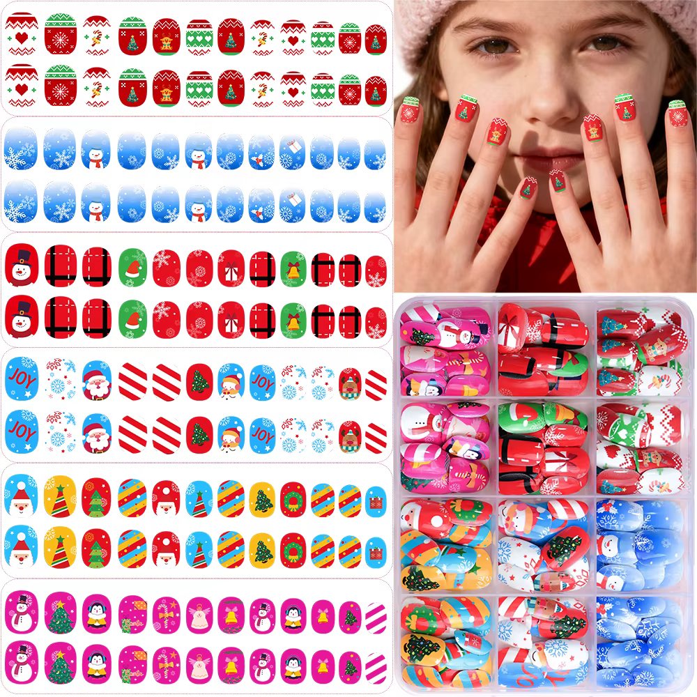 144 pièces/boîte noël enfants faux ongles beau bonhomme de neige flocons de neige presse sur ongles 
