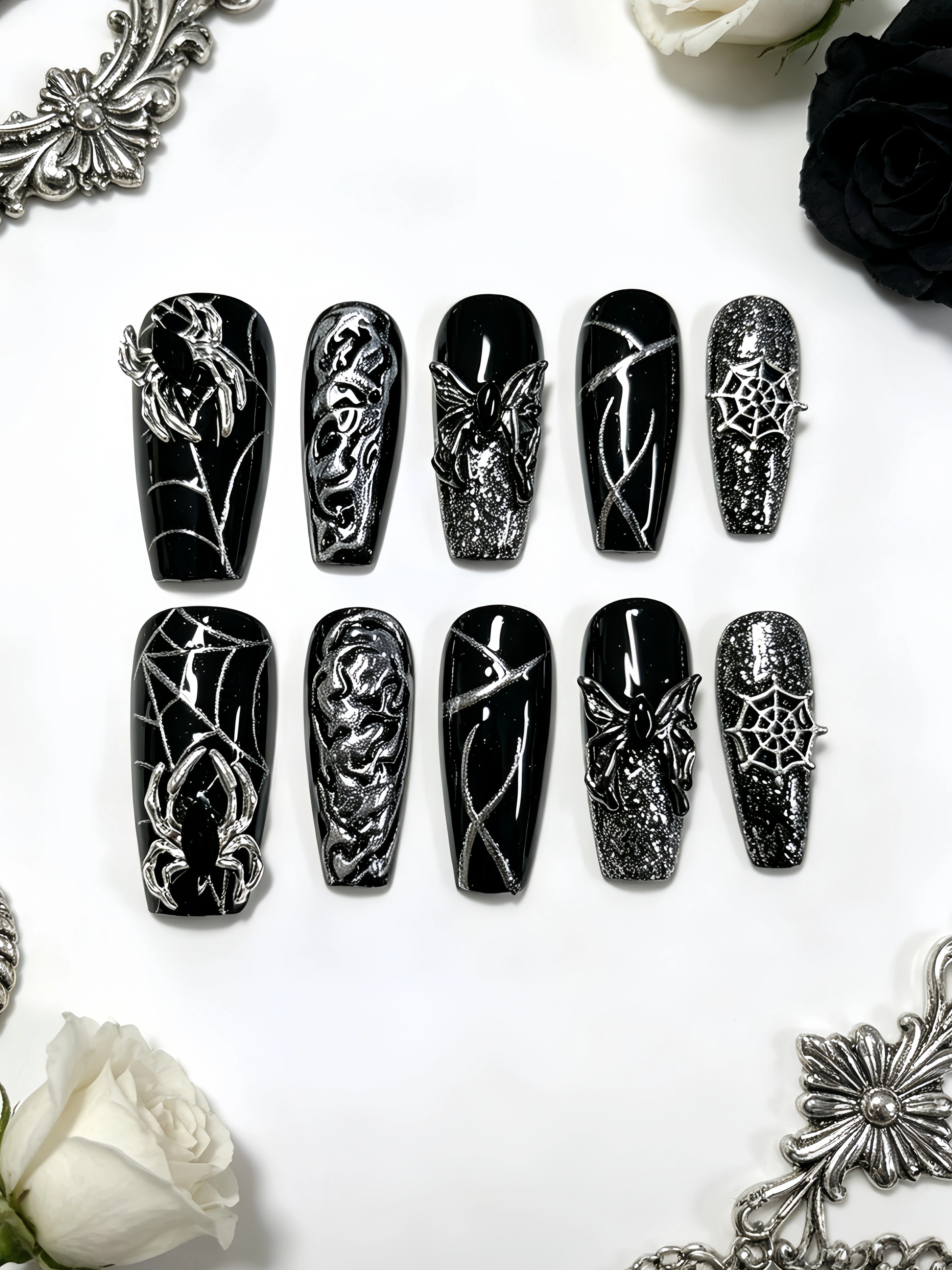 10 faux ongles noirs à paillettes argentées dégradées, avec contour en paillettes argentées, toile d