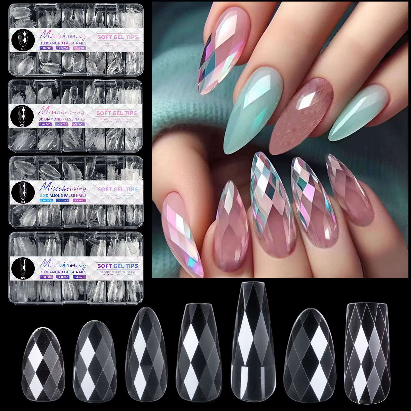 120/140 pièces 3D diamant amande Ballet cercueil faux ongles clair presse sur ongles pour Gel acryli