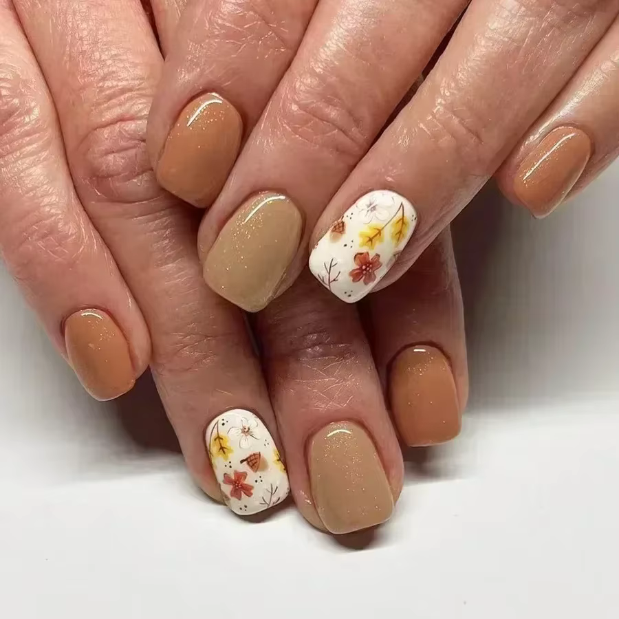 Faux ongles carrés courts en forme de fleur ambre, avec colle, dessins d'automne portables, à pressi