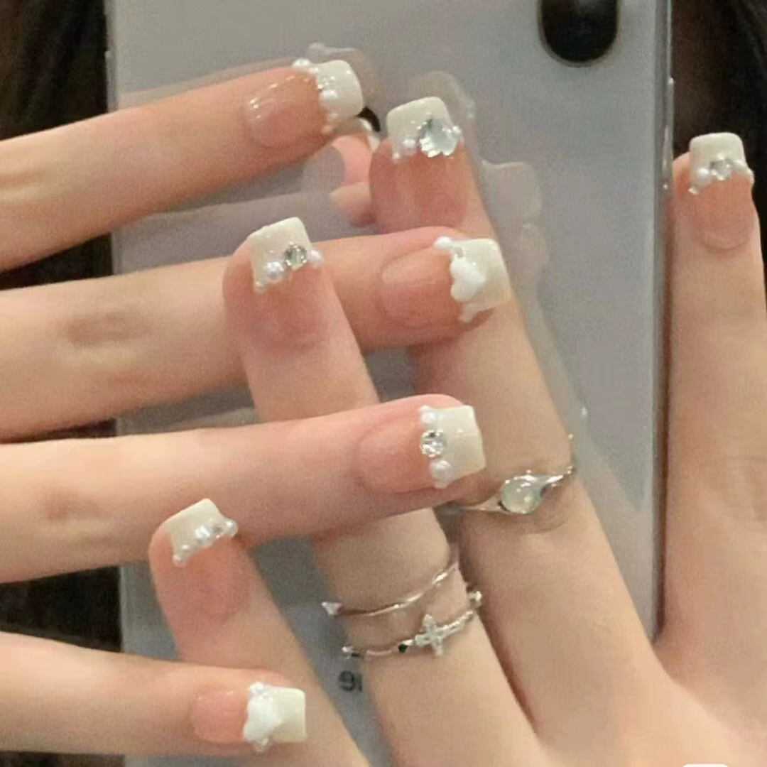 Faux ongles français dessin animé, 24 pièces, carré court, rose, escargot, couverture complète, poig