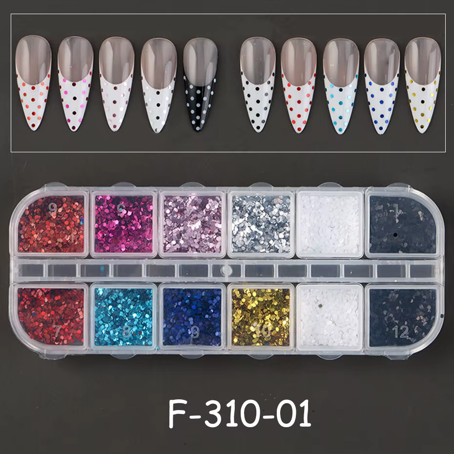 12 compartiments de mini-paillettes à pois pour nail art, effet laser 3D Y2K, points multicolores, f