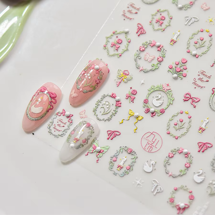 Autocollants pour ongles en cristal et diamant, mélange de fleurs de cygne rose, cadre papillon, aut