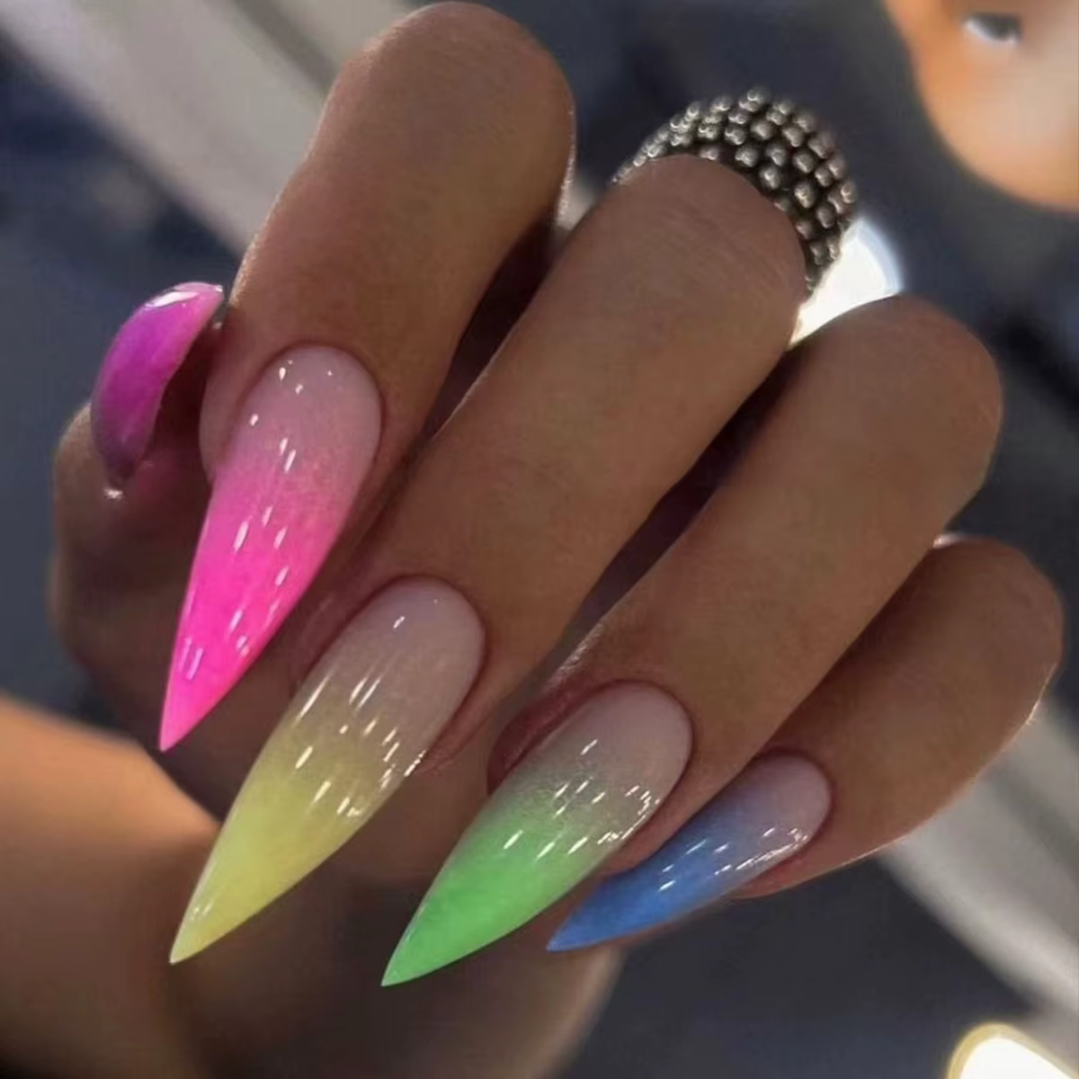 Spicy Girl's Cool Y2k faux ongles arc-en-ciel dégradé longs ongles artificiels à pression sur les on