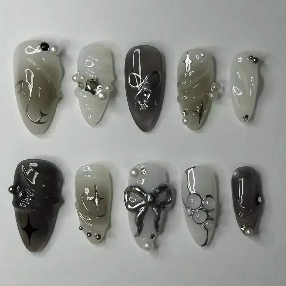 24 pièces faux ongles fille épicée arc argenté avec diamant faux ongles avec colle amande presse sur