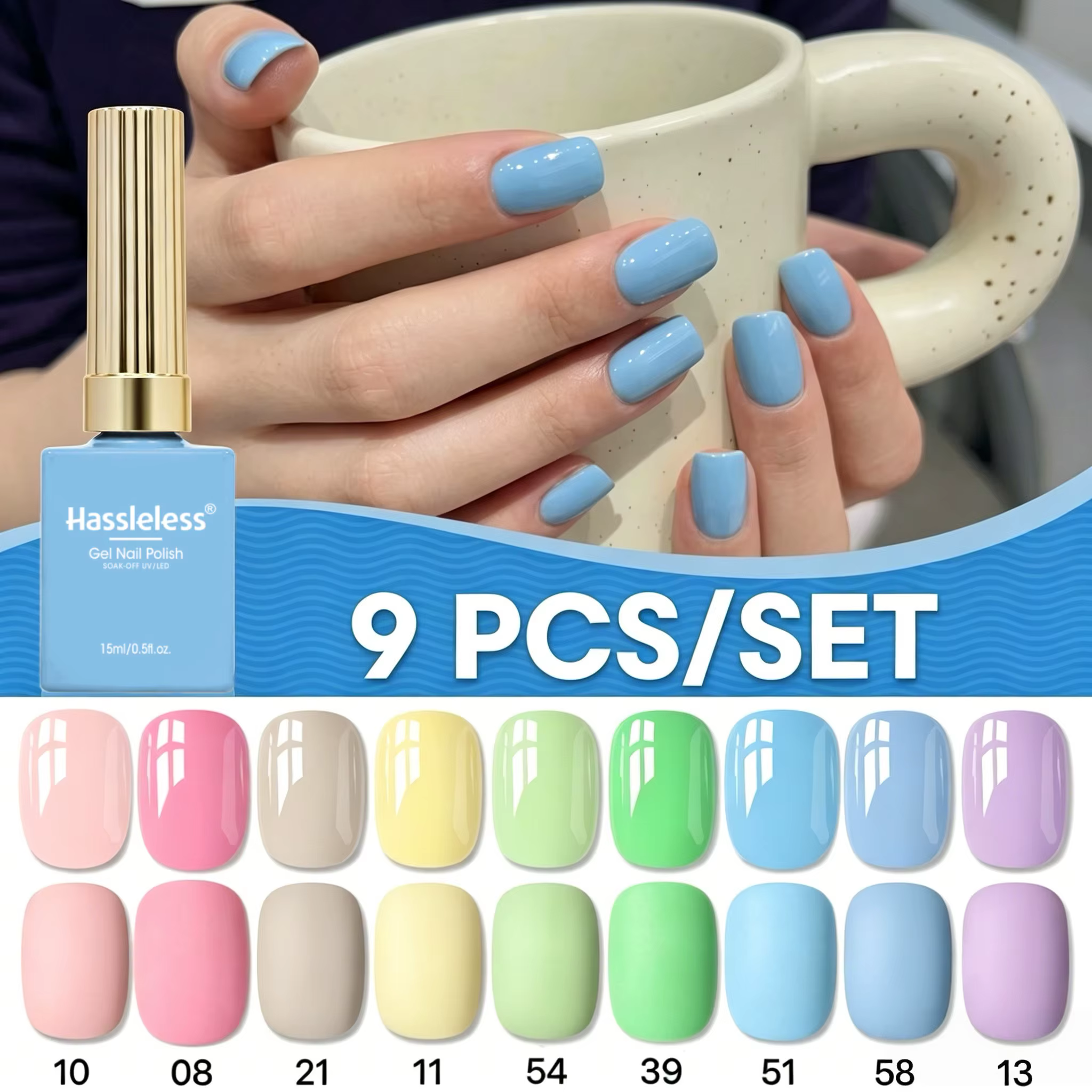 Ensemble d'accessoires pour salon de manucure Hassleless, lot de 9 vernis gel de couleur unie, 15 ml