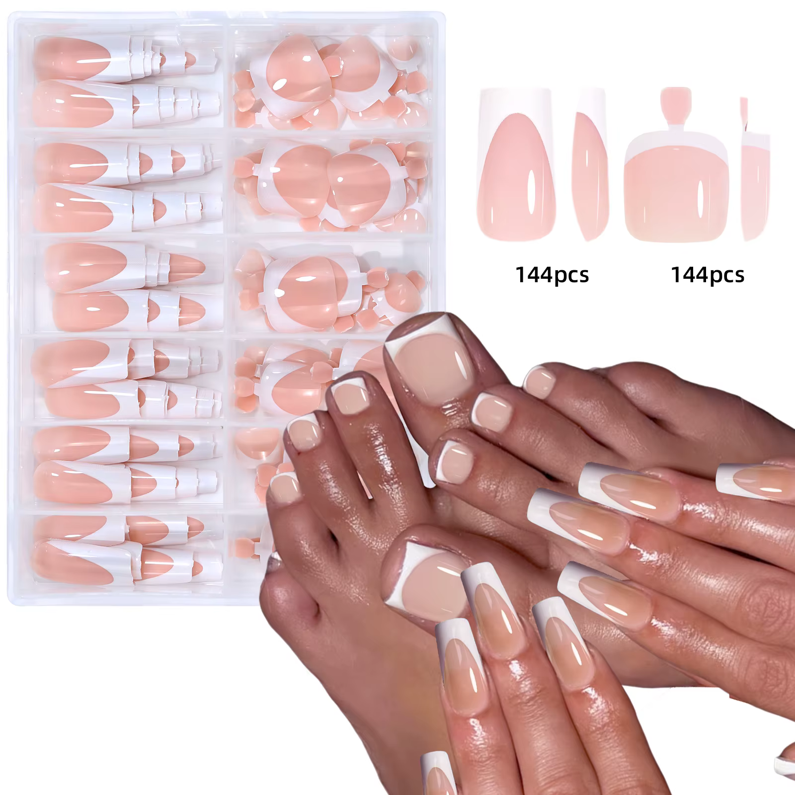Ensemble d'ongles français pour les mains et les pieds, 144 pièces, court, carré, brillant, faux ong
