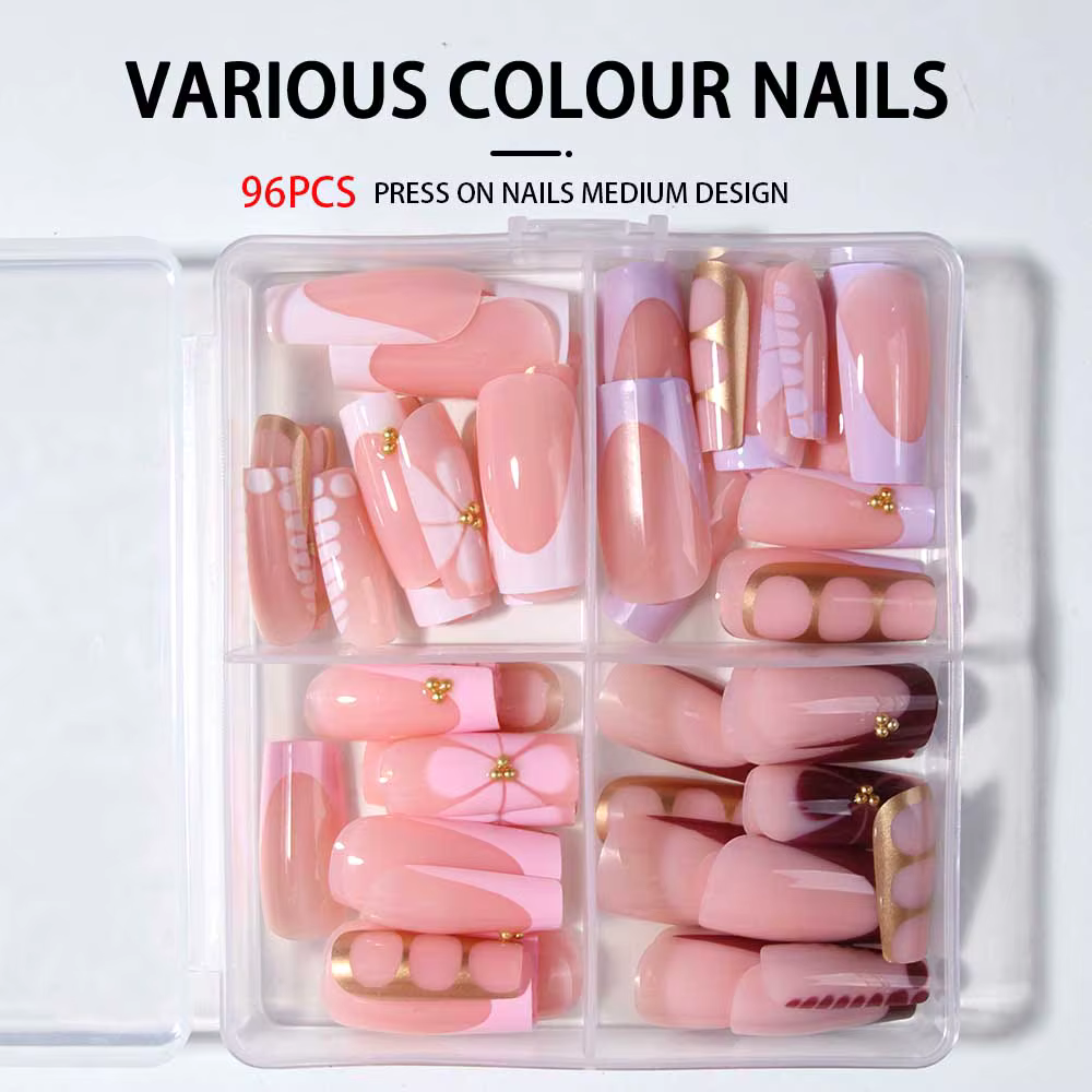 96 pièces (4 mélangées) Gelnail tridimensionnel 3D fait des ongles de fleurs avec fausse perle décor