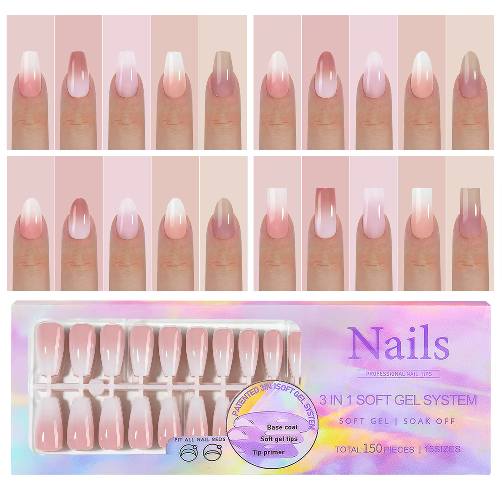 150 pièces dégradé couleur nue amande portable faux ongles conseils presse sur ongles acryliques amo