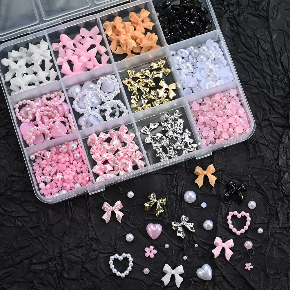 12 grilles 3D ruban multicolore fleur Nail Art breloques simulés pétales amour, nœud papillon en mét