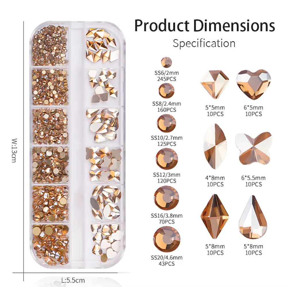 Strass diamant pour ongles or/Champagne, taille mixte 2-6mm, verre brillant à dos plat, gemmes en cr