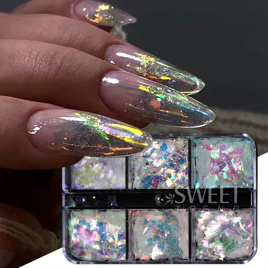 6 grilles AB irisé ongles paillettes flocons irrégulier aurore étincelle paillettes cristal verre fé